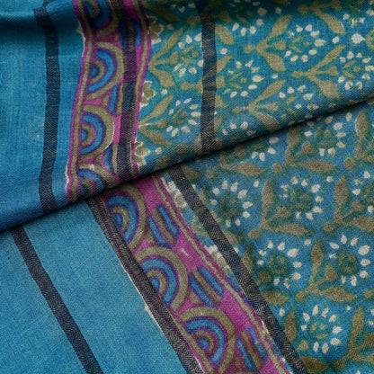 Indian Vintage Blue Long Stole Pure Woolen Scarf Dupatta Infinity Scarves Printed Sarong Wrap Craft Fabric Veil Hijab Shawl
