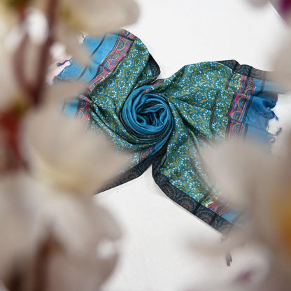 Indian Vintage Blue Long Stole Pure Woolen Scarf Dupatta Infinity Scarves Printed Sarong Wrap Craft Fabric Veil Hijab Shawl