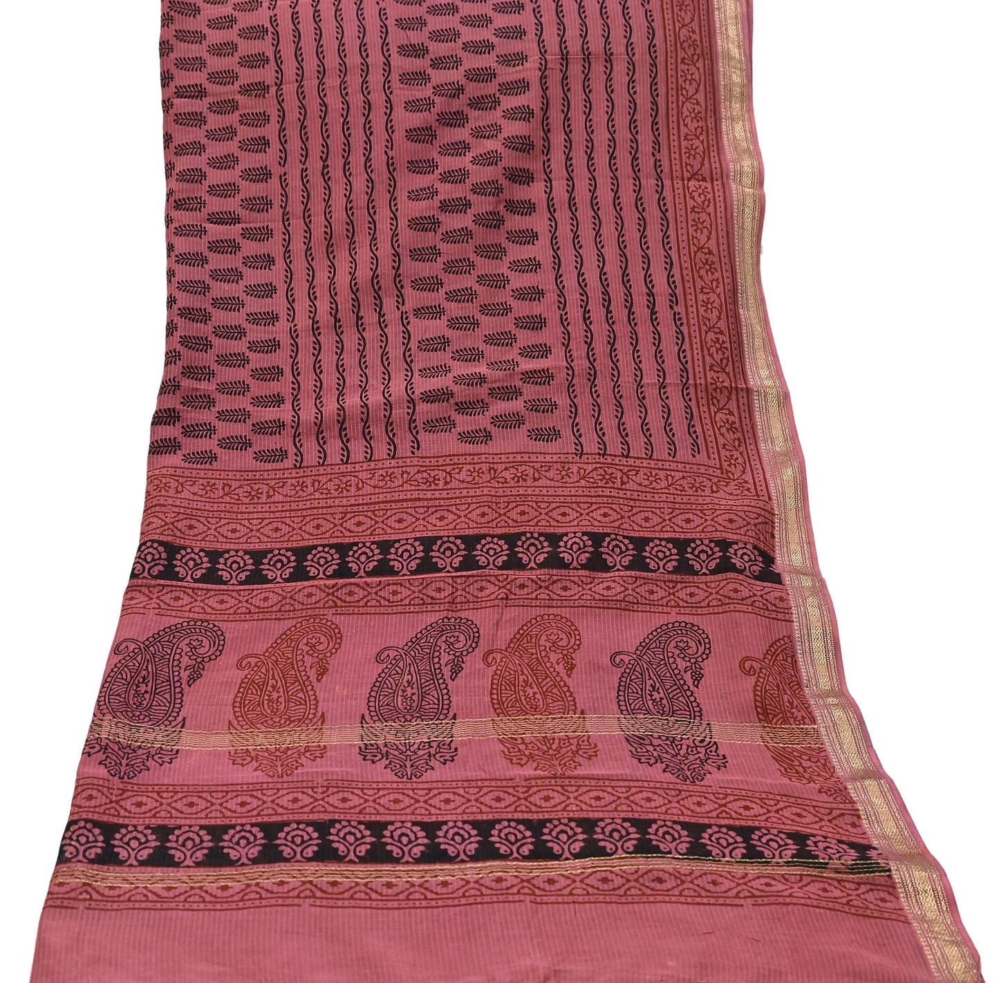 Indian Pink Vintage Dupatta Long Stole Block Print Pure Chanderi Silk Scarves Veil Golden Zari Soft Paisley Design