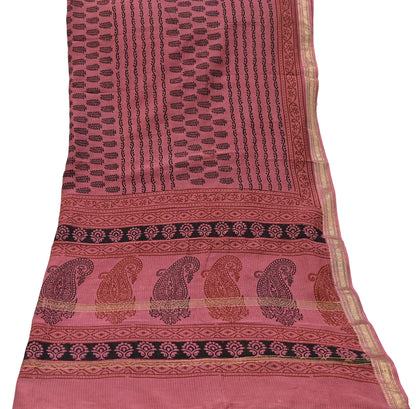 Indian Pink Vintage Dupatta Long Stole Block Print Pure Chanderi Silk Scarves Veil Golden Zari Soft Paisley Design
