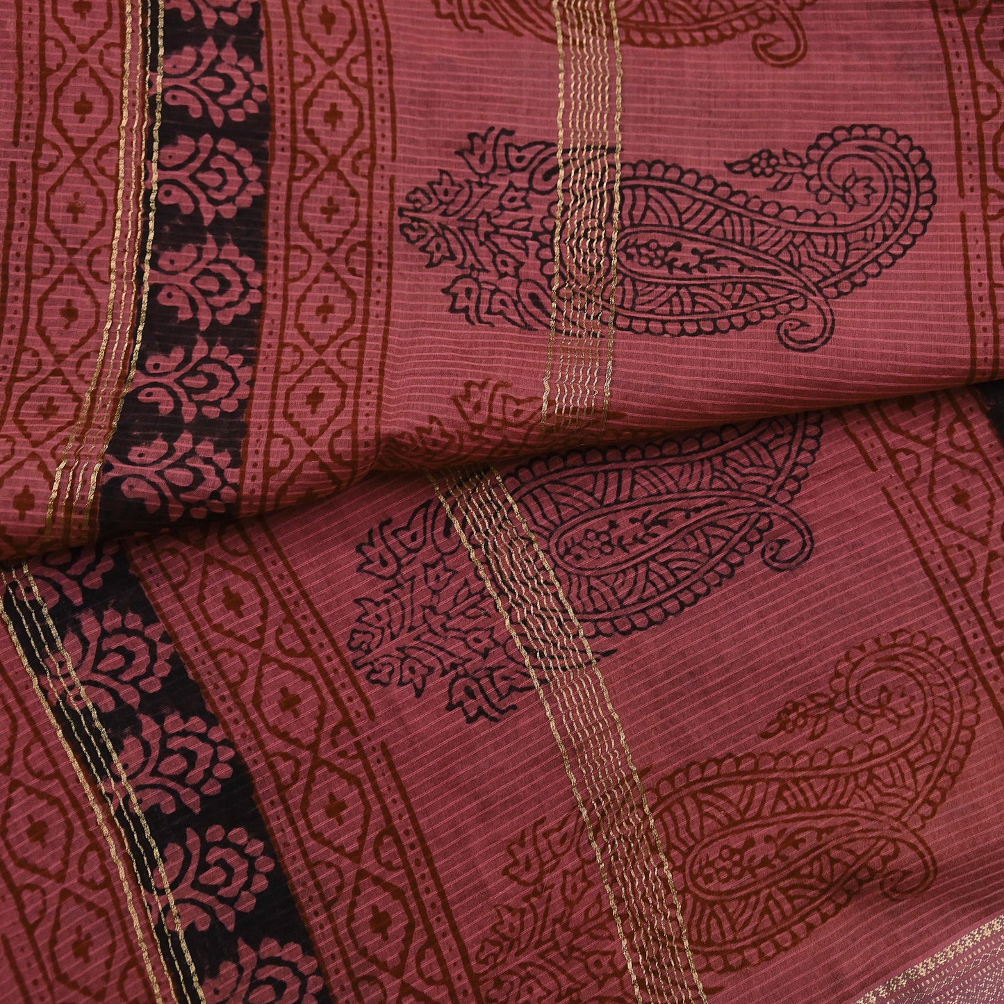 Indian Pink Vintage Dupatta Long Stole Block Print Pure Chanderi Silk Scarves Veil Golden Zari Soft Paisley Design
