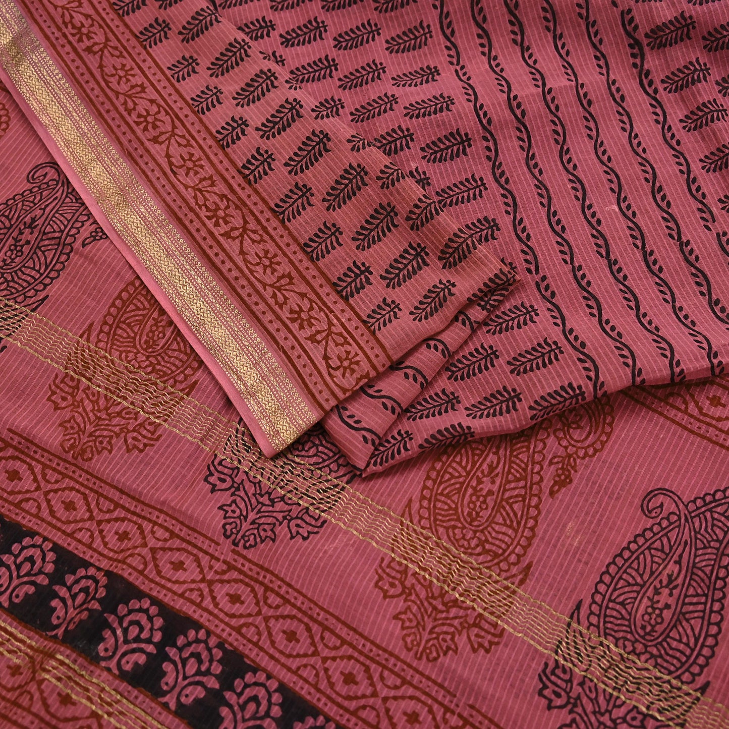 Indian Pink Vintage Dupatta Long Stole Block Print Pure Chanderi Silk Scarves Veil Golden Zari Soft Paisley Design
