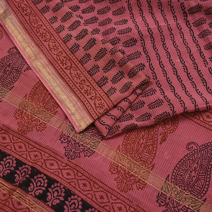 Indian Pink Vintage Dupatta Long Stole Block Print Pure Chanderi Silk Scarves Veil Golden Zari Soft Paisley Design