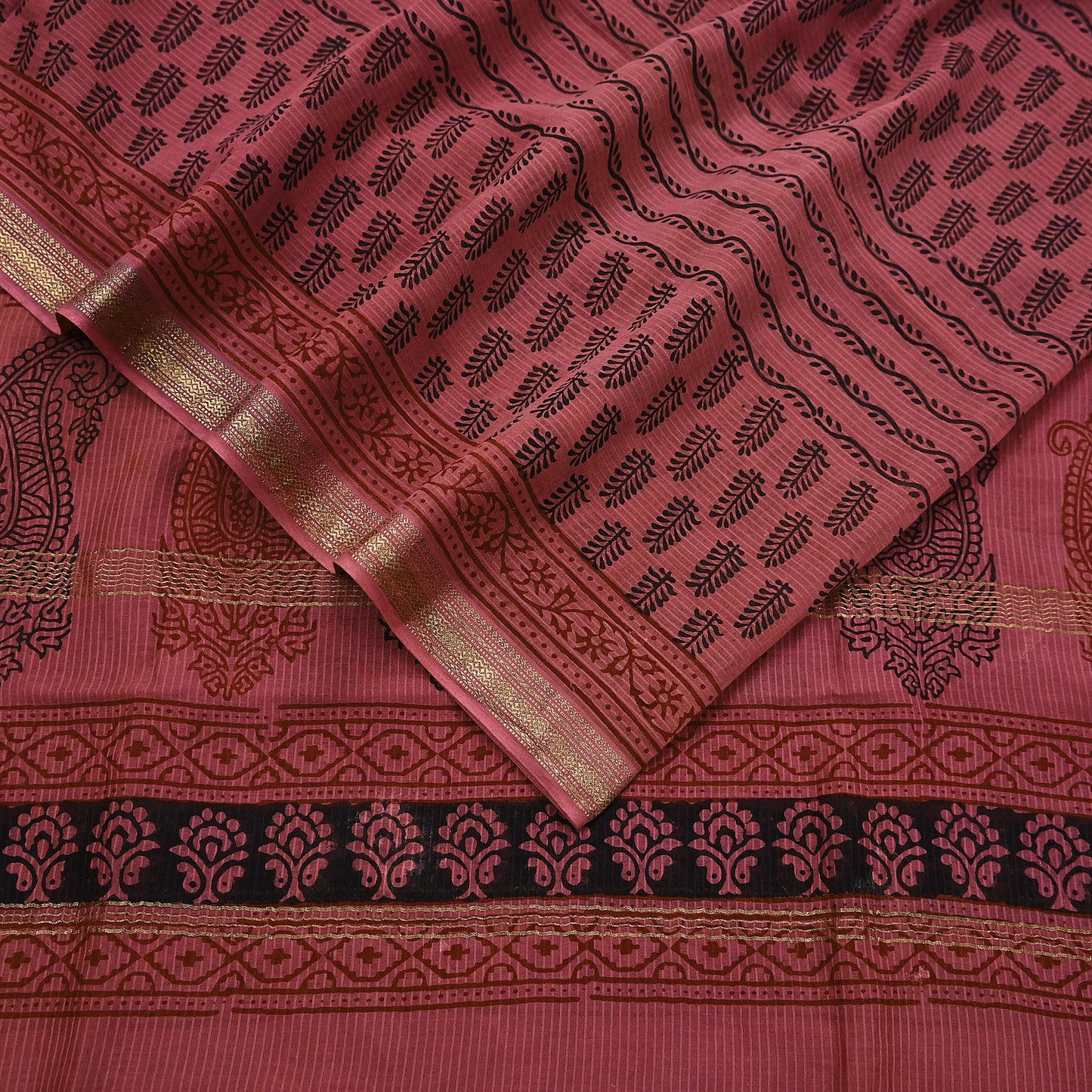 Indian Pink Vintage Dupatta Long Stole Block Print Pure Chanderi Silk Scarves Veil Golden Zari Soft Paisley Design
