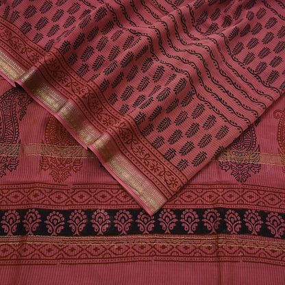 Indian Pink Vintage Dupatta Long Stole Block Print Pure Chanderi Silk Scarves Veil Golden Zari Soft Paisley Design
