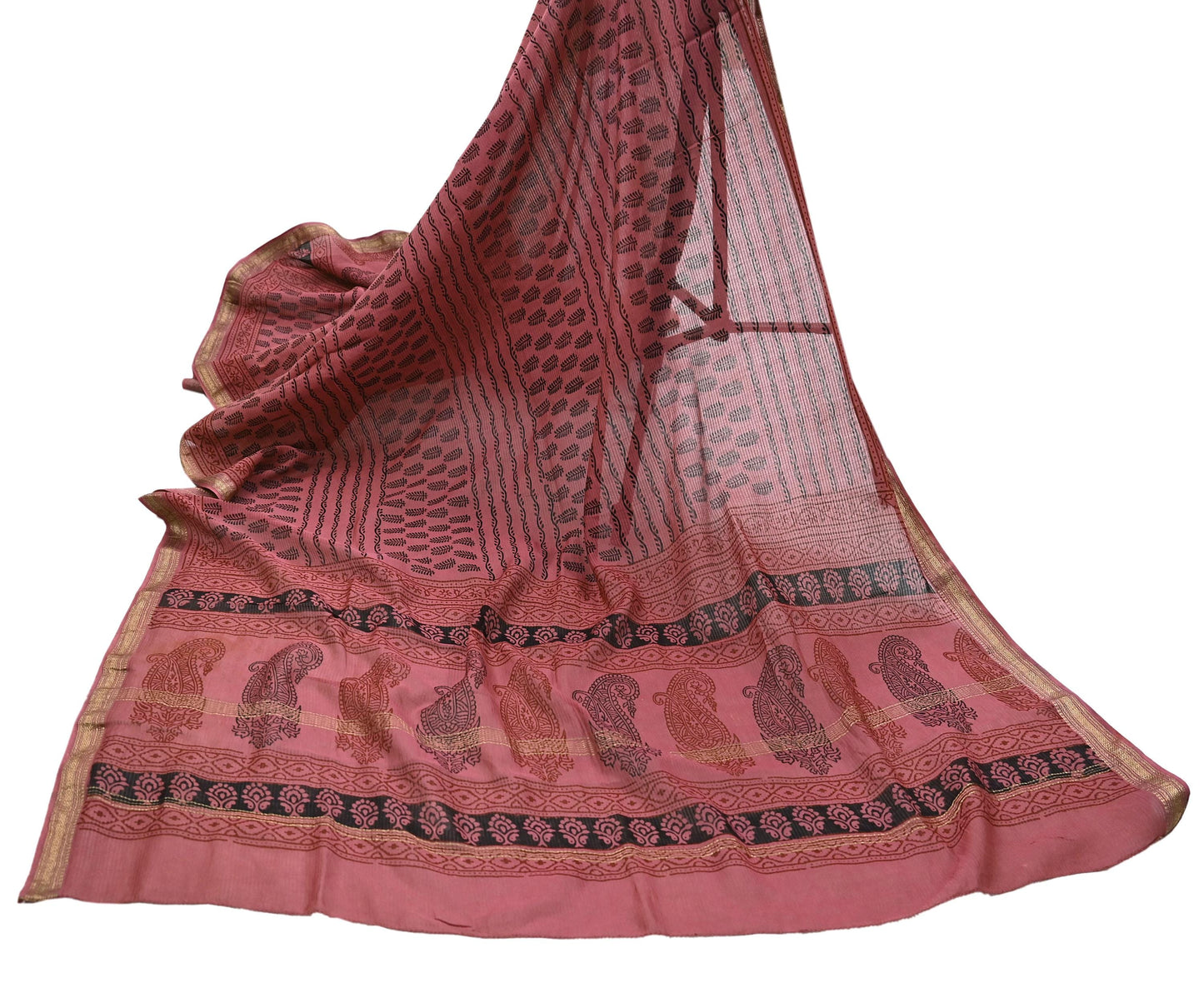 Indian Pink Vintage Dupatta Long Stole Block Print Pure Chanderi Silk Scarves Veil Golden Zari Soft Paisley Design