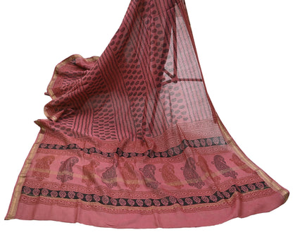 Indian Pink Vintage Dupatta Long Stole Block Print Pure Chanderi Silk Scarves Veil Golden Zari Soft Paisley Design