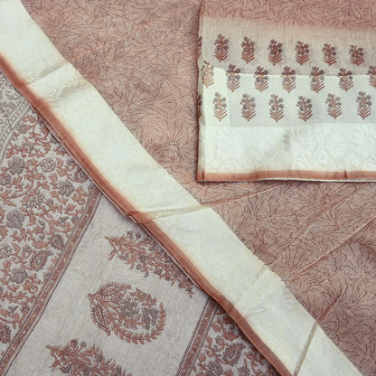 Indian Vintage Ivory & Brown Sarees Pure Cotton Printed Sari 5yd Sewing Craft Fabric DressMaking Soft Crafting Quilting Upcycle Border
