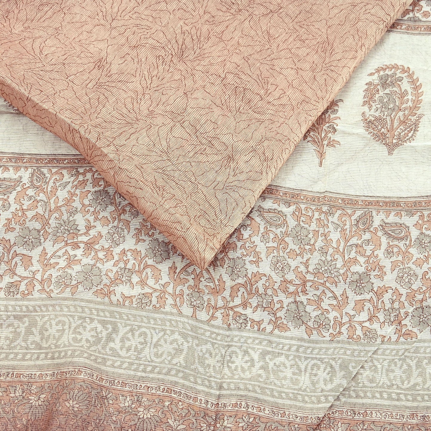 Indian Vintage Ivory & Brown Sarees Pure Cotton Printed Sari 5yd Sewing Craft Fabric DressMaking Soft Crafting Quilting Upcycle Border