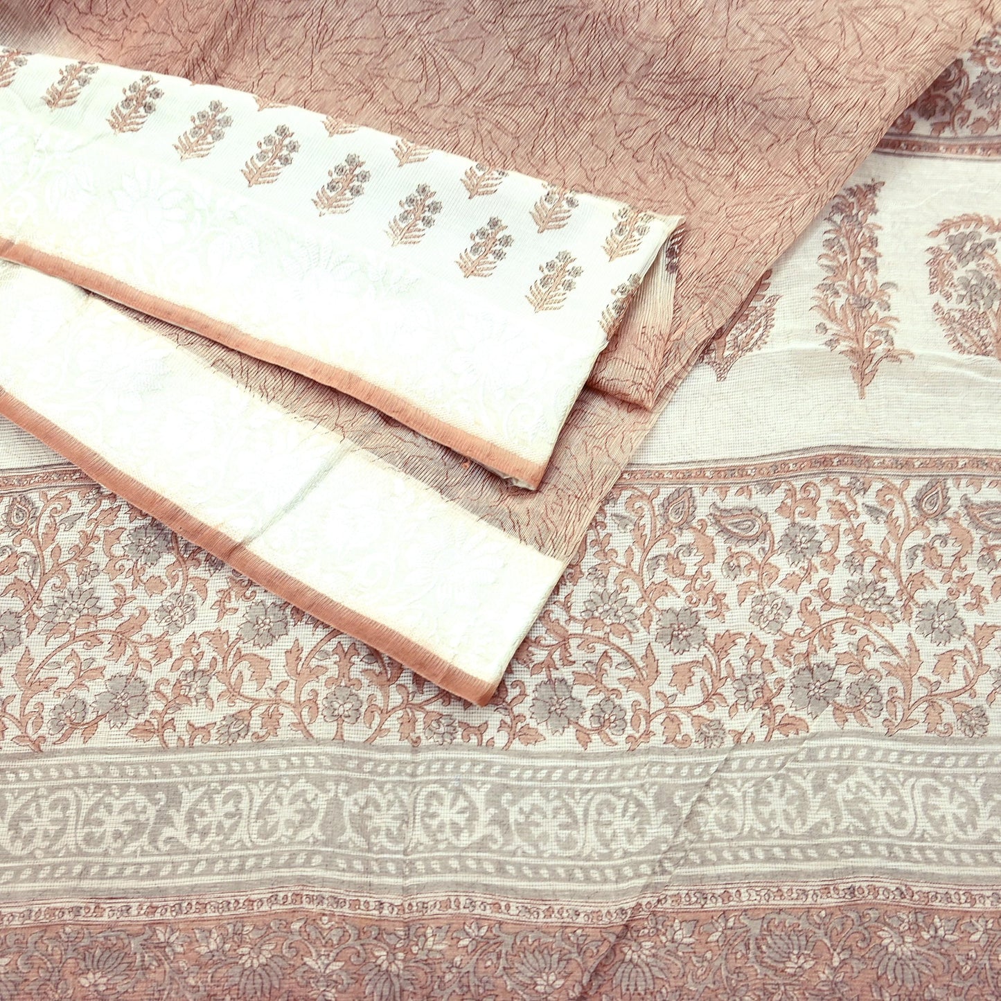 Indian Vintage Ivory & Brown Sarees Pure Cotton Printed Sari 5yd Sewing Craft Fabric DressMaking Soft Crafting Quilting Upcycle Border