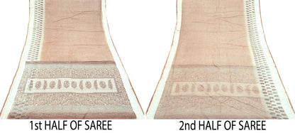 Indian Vintage Ivory & Brown Sarees Pure Cotton Printed Sari 5yd Sewing Craft Fabric DressMaking Soft Crafting Quilting Upcycle Border