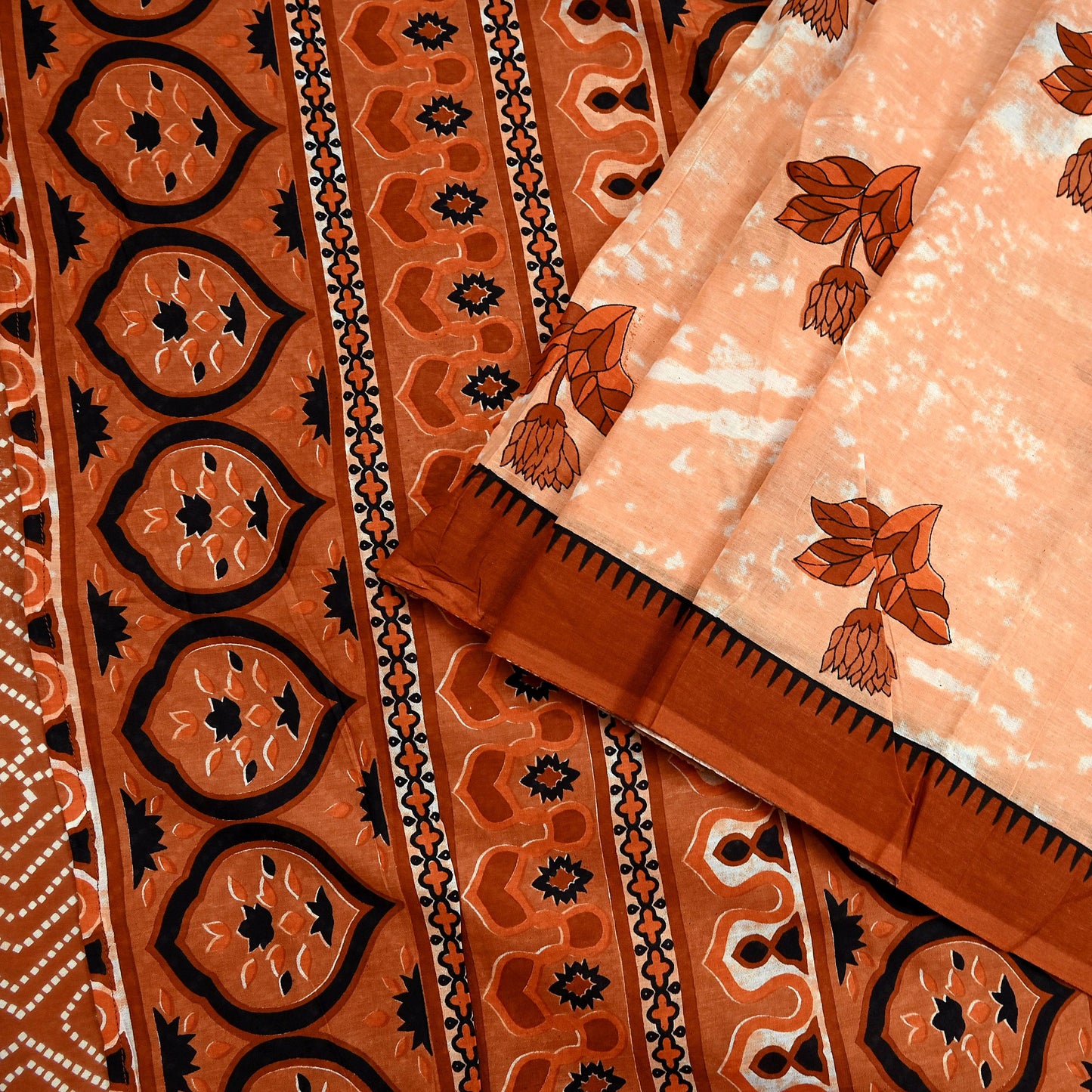 Indian Vintage Sari Rusty & Peach 100% Pure Cotton Printed Sarees 5Yd Craft Fabric Sewing Sarong Wrap Boho Quilting Upcycle Dress Making