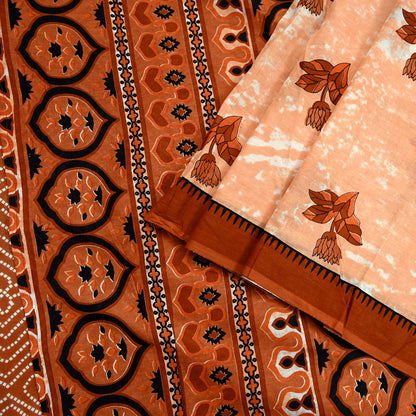Indian Vintage Sari Rusty & Peach 100% Pure Cotton Printed Sarees 5Yd Craft Fabric Sewing Sarong Wrap Boho Quilting Upcycle Dress Making
