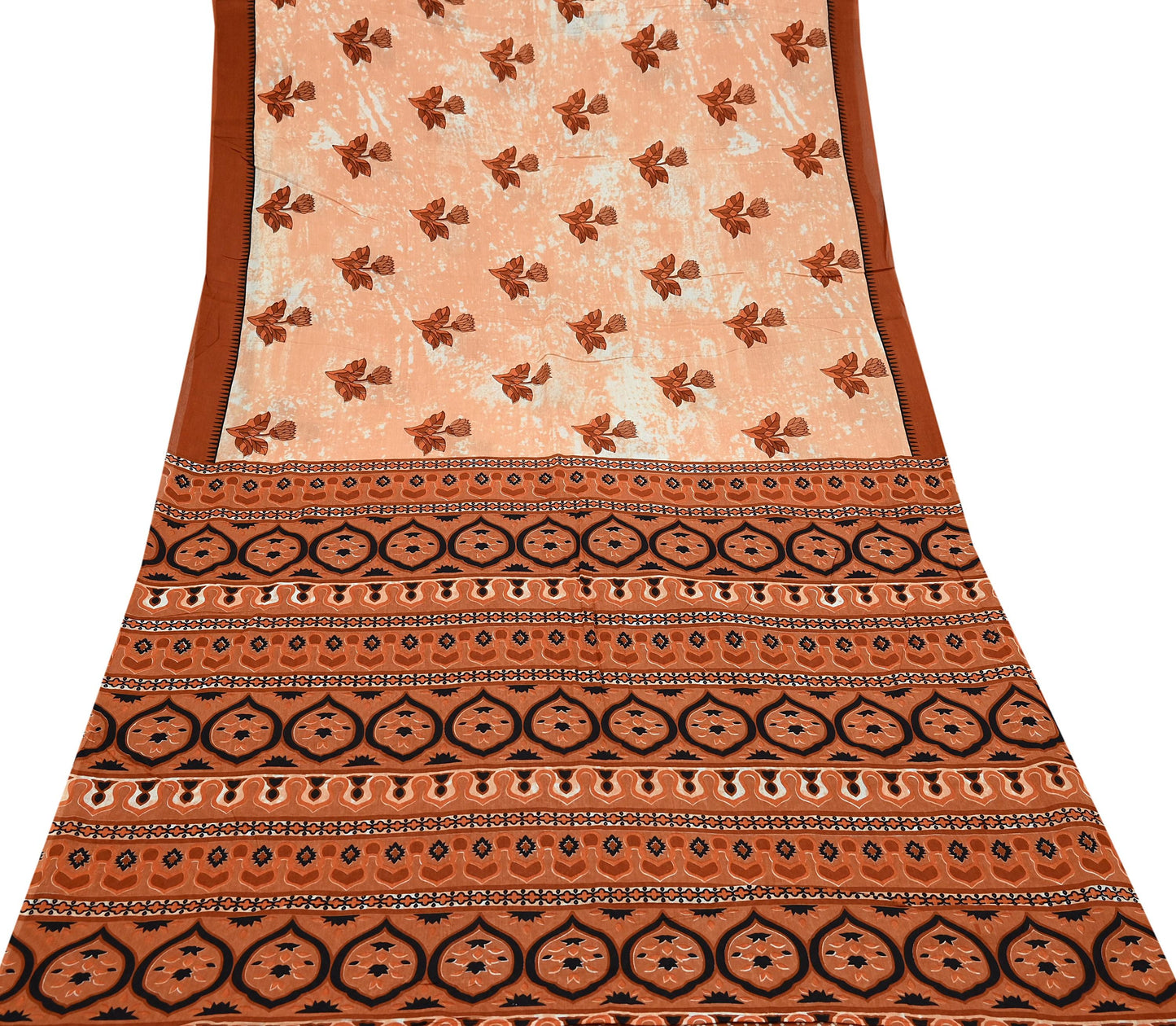 Indian Vintage Sari Rusty & Peach 100% Pure Cotton Printed Sarees 5Yd Craft Fabric Sewing Sarong Wrap Boho Quilting Upcycle Dress Making