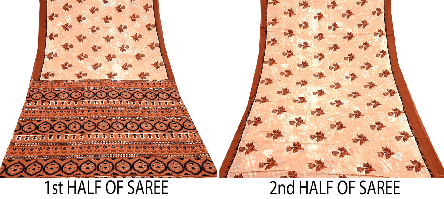 Indian Vintage Sari Rusty & Peach 100% Pure Cotton Printed Sarees 5Yd Craft Fabric Sewing Sarong Wrap Boho Quilting Upcycle Dress Making