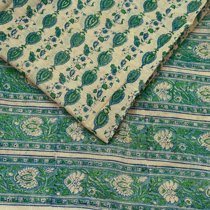 Indian Vintage Sari Beige Block Printed Pure Cotton Saree Craft Fabric 5Yd Sewing Sarong Wrap Boho Floral Crafting Upcycle Quilting Zari