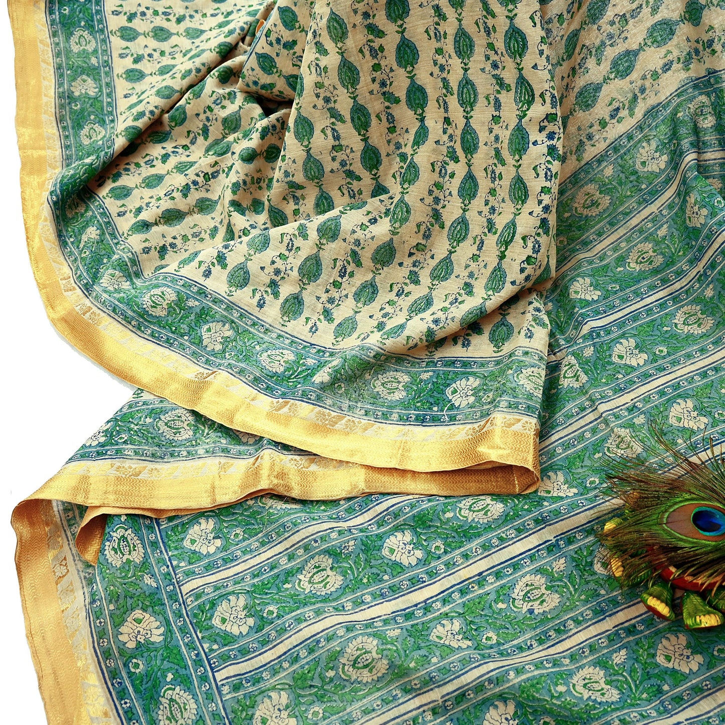 Indian Vintage Sari Beige Block Printed Pure Cotton Saree Craft Fabric 5Yd Sewing Sarong Wrap Boho Floral Crafting Upcycle Quilting Zari