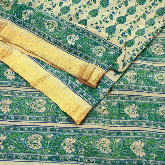 Indian Vintage Sari Beige Block Printed Pure Cotton Saree Craft Fabric 5Yd Sewing Sarong Wrap Boho Floral Crafting Upcycle Quilting Zari