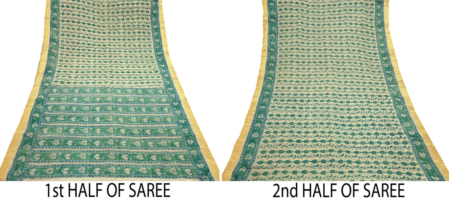 Indian Vintage Sari Beige Block Printed Pure Cotton Saree Craft Fabric 5Yd Sewing Sarong Wrap Boho Floral Crafting Upcycle Quilting Zari