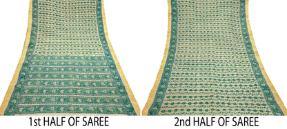 Indian Vintage Sari Beige Block Printed Pure Cotton Saree Craft Fabric 5Yd Sewing Sarong Wrap Boho Floral Crafting Upcycle Quilting Zari