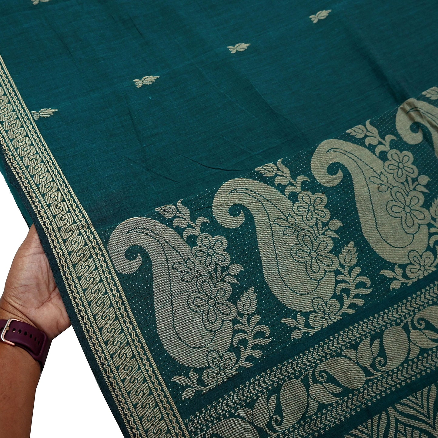 Indian Vintage Sari Green Pure Cotton Hand Woven Baluchari Saree 5yard Ethnic Humans Fringes Dress Making Crafting