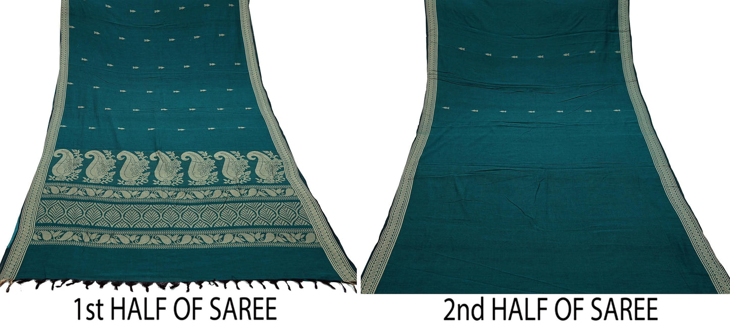 Indian Vintage Sari Green Pure Cotton Hand Woven Baluchari Saree 5yard Ethnic Humans Fringes Dress Making Crafting