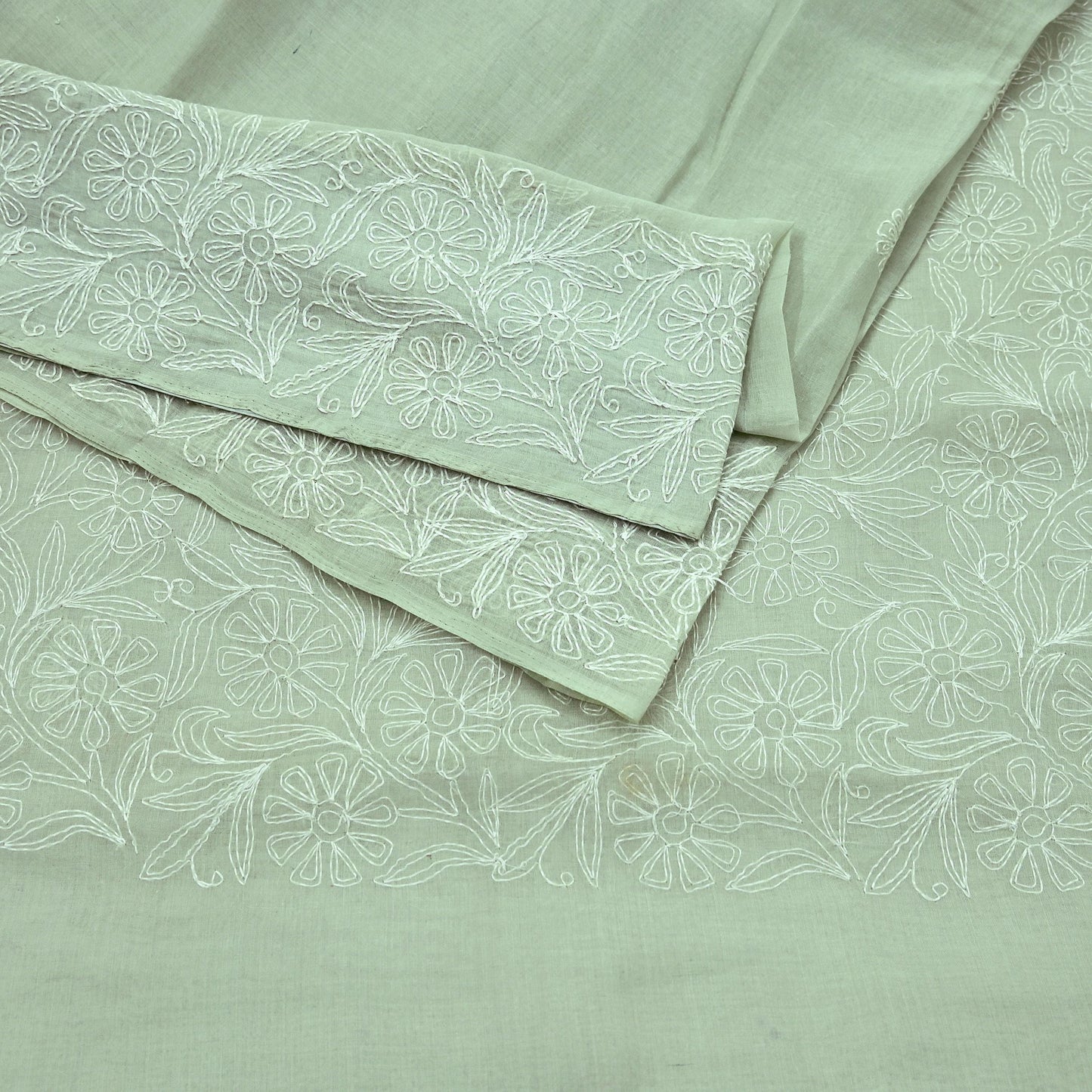 Indian Vintage Sari Cotton Green Handmade Chikankari Saree Craft Fabric 5Yd Ethnic Floral Dress making Crafting Quilting Upcycle Sarong
