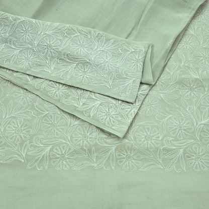 Indian Vintage Sari Cotton Green Handmade Chikankari Saree Craft Fabric 5Yd Ethnic Floral Dress making Crafting Quilting Upcycle Sarong