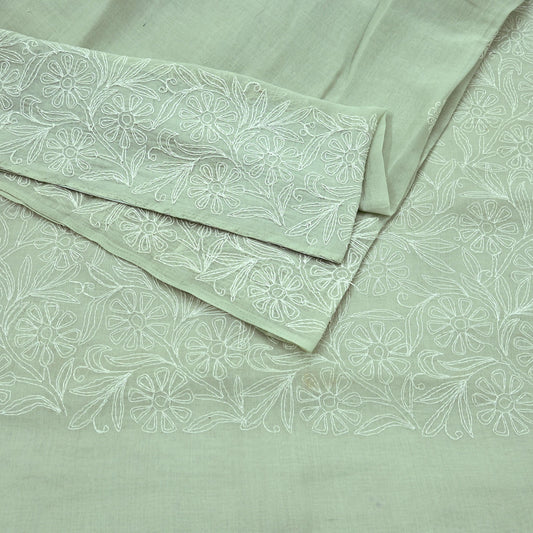 Indian Vintage Sari Cotton Green Handmade Chikankari Saree Craft Fabric 5Yd Ethnic Floral Dress making Crafting Quilting Upcycle Sarong