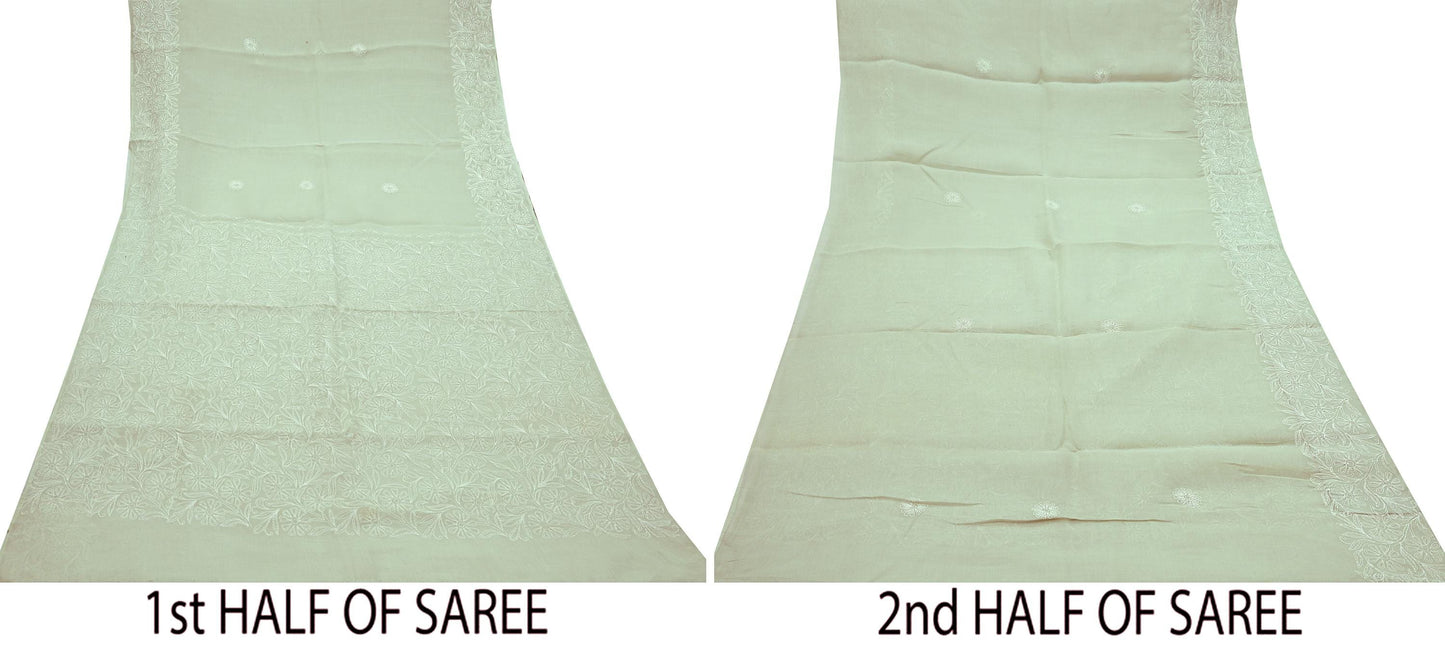 Indian Vintage Sari Cotton Green Handmade Chikankari Saree Craft Fabric 5Yd Ethnic Floral Dress making Crafting Quilting Upcycle Sarong