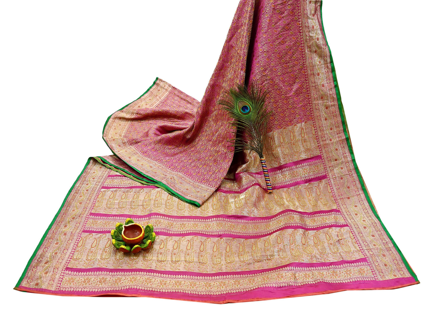Indian Vintage Sari Pink Heavy Wedding Pure Satin Silk Woven Banarasi Tanchoi Saree 5Yd Ethnic Craft Fabric Upcycle Bridal Heavy Sarees