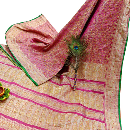 Indian Vintage Sari Pink Heavy Wedding Pure Satin Silk Woven Banarasi Tanchoi Saree 5Yd Ethnic Craft Fabric Upcycle Bridal Heavy Sarees