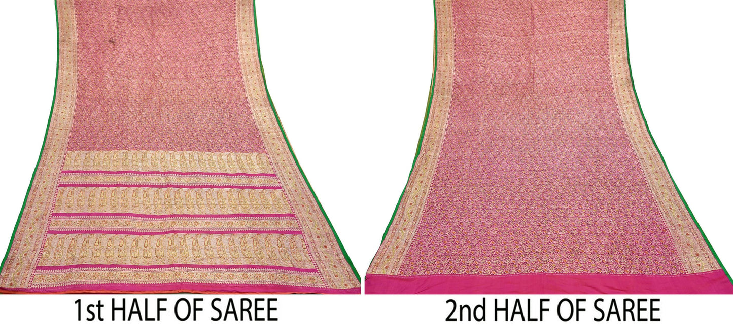 Indian Vintage Sari Pink Heavy Wedding Pure Satin Silk Woven Banarasi Tanchoi Saree 5Yd Ethnic Craft Fabric Upcycle Bridal Heavy Sarees