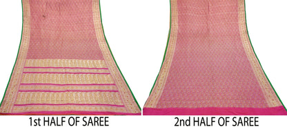 Indian Vintage Sari Pink Heavy Wedding Pure Satin Silk Woven Banarasi Tanchoi Saree 5Yd Ethnic Craft Fabric Upcycle Bridal Heavy Sarees