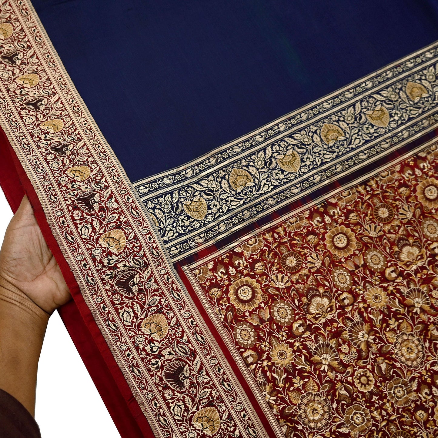 Indian Vintage Sari Blue & Maroon Heavy Pure Satin Silk Woven Banarasi Tanchoi Saree 5Yd Ethnic Craft Fabric Upcycle Bridal Heavy Sarees