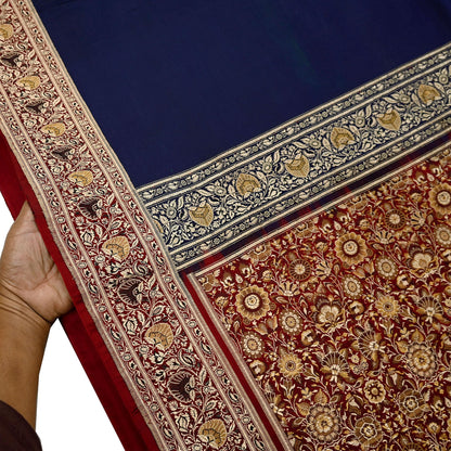 Indian Vintage Sari Blue & Maroon Heavy Pure Satin Silk Woven Banarasi Tanchoi Saree 5Yd Ethnic Craft Fabric Upcycle Bridal Heavy Sarees