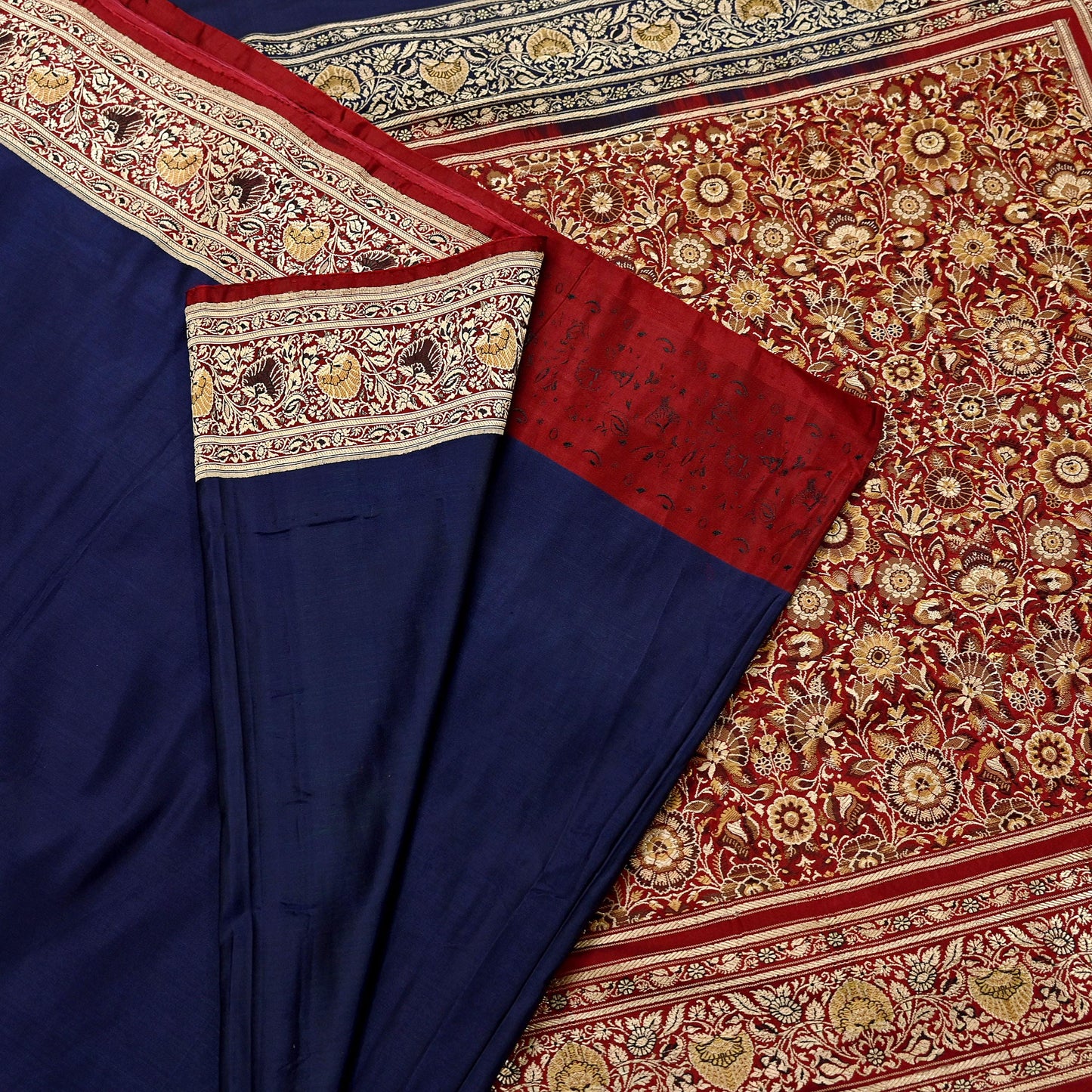 Indian Vintage Sari Blue & Maroon Heavy Pure Satin Silk Woven Banarasi Tanchoi Saree 5Yd Ethnic Craft Fabric Upcycle Bridal Heavy Sarees