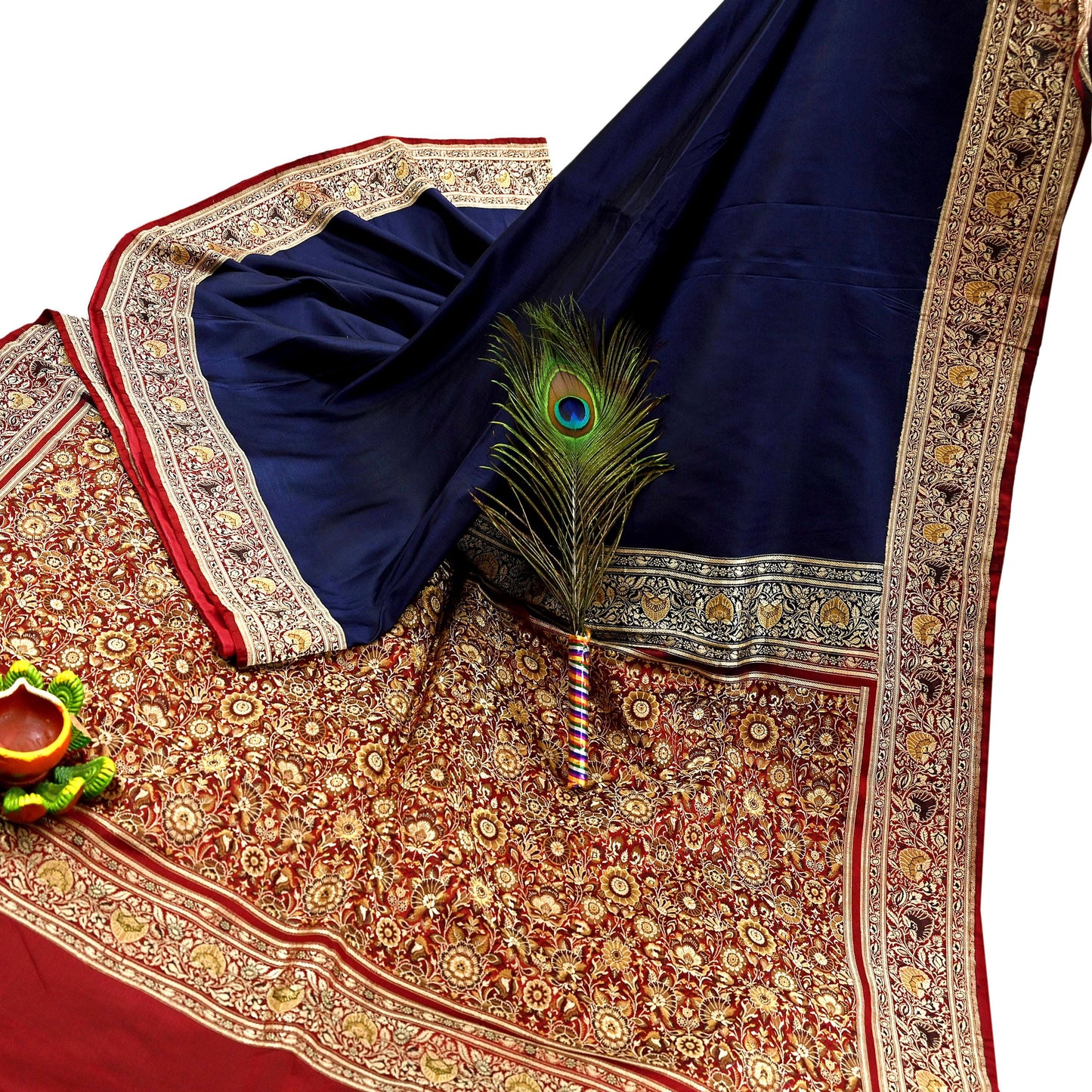 Indian Vintage Sari Blue & Maroon Heavy Pure Satin Silk Woven Banarasi Tanchoi Saree 5Yd Ethnic Craft Fabric Upcycle Bridal Heavy Sarees