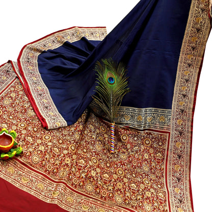 Indian Vintage Sari Blue & Maroon Heavy Pure Satin Silk Woven Banarasi Tanchoi Saree 5Yd Ethnic Craft Fabric Upcycle Bridal Heavy Sarees
