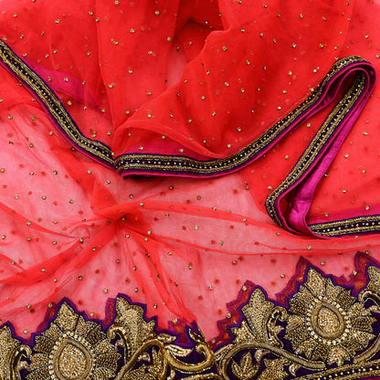 Indian Vintage Heavy Bridal Dupatta red Net Mesh Long Stole Hand Embroidered Scarves Zardozi Dabka Zari Sequins Wedding Dupatta