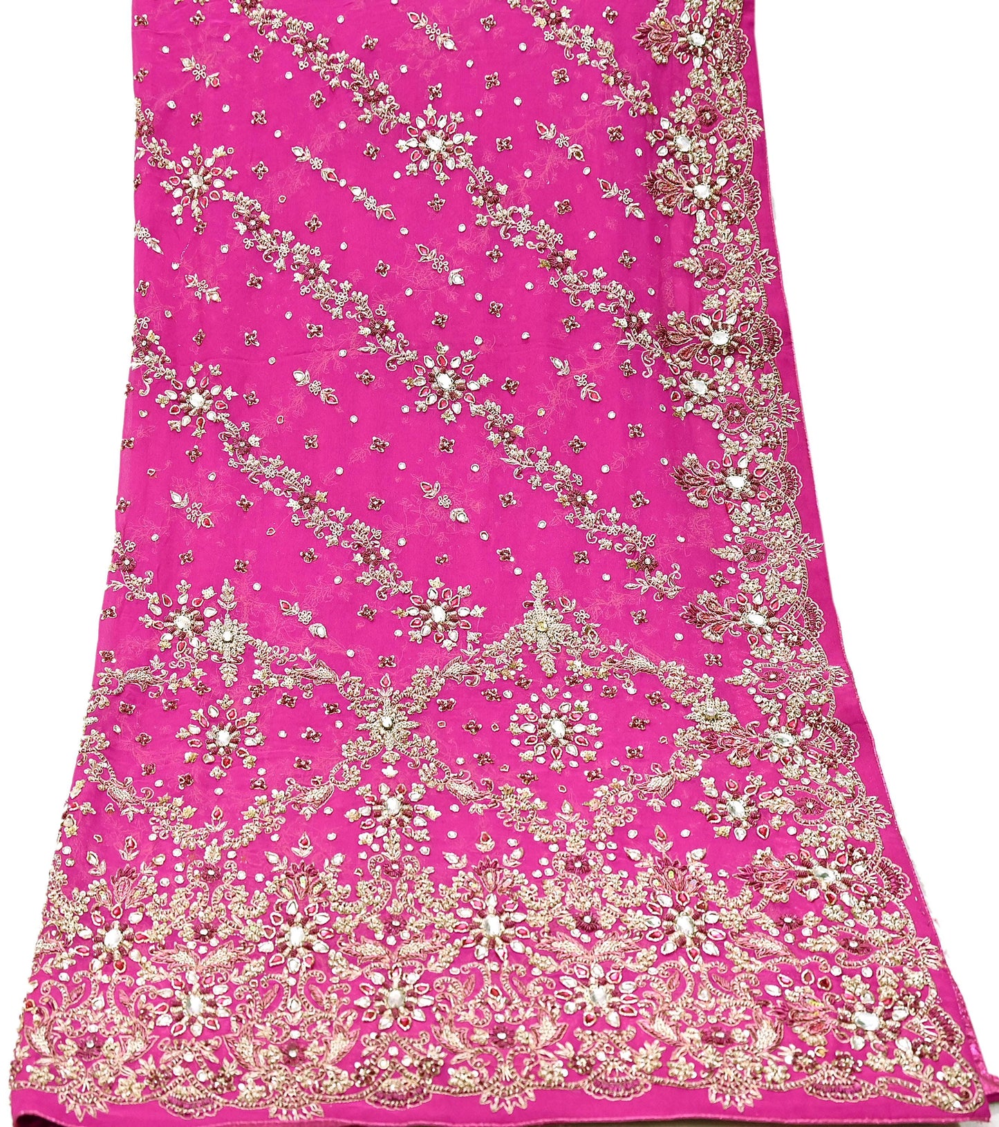 Indian Vintage Heavy Rani Pink Bridal Dupatta Pure Georgette Silk Hand Embroidered Zardozi, Dabka, Zari Work Party Wear Long Stole