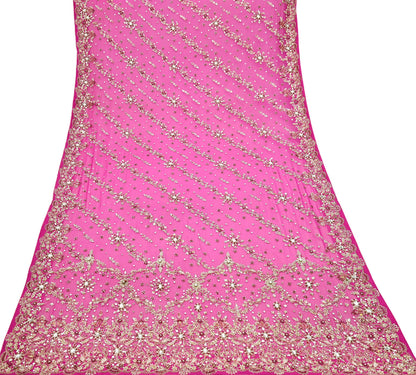 Indian Vintage Heavy Rani Pink Bridal Dupatta Pure Georgette Silk Hand Embroidered Zardozi, Dabka, Zari Work Party Wear Long Stole
