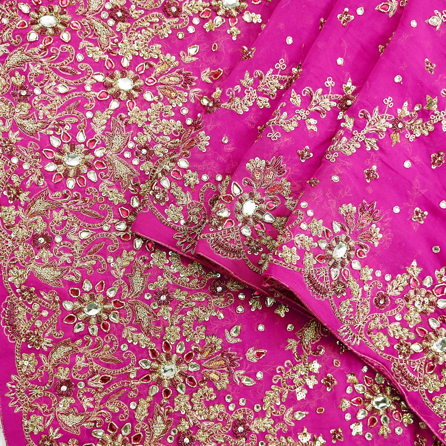 Indian Vintage Heavy Rani Pink Bridal Dupatta Pure Georgette Silk Hand Embroidered Zardozi, Dabka, Zari Work Party Wear Long Stole