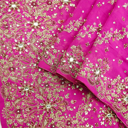 Indian Vintage Heavy Rani Pink Bridal Dupatta Pure Georgette Silk Hand Embroidered Zardozi, Dabka, Zari Work Party Wear Long Stole