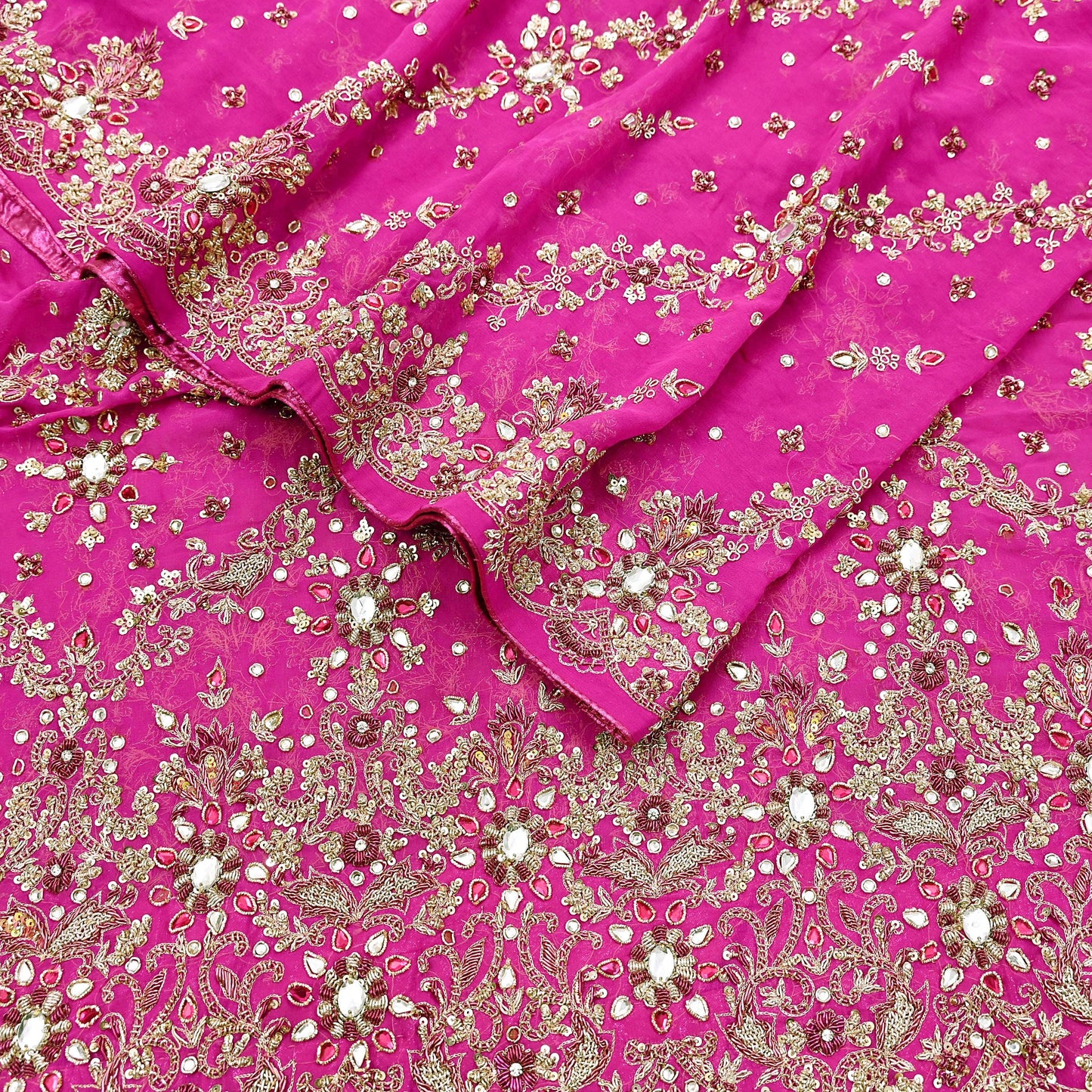 Indian Vintage Heavy Rani Pink Bridal Dupatta Pure Georgette Silk Hand Embroidered Zardozi, Dabka, Zari Work Party Wear Long Stole