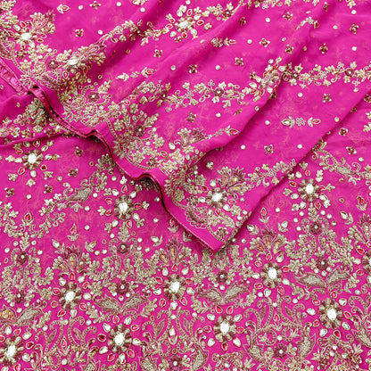 Indian Vintage Heavy Rani Pink Bridal Dupatta Pure Georgette Silk Hand Embroidered Zardozi, Dabka, Zari Work Party Wear Long Stole