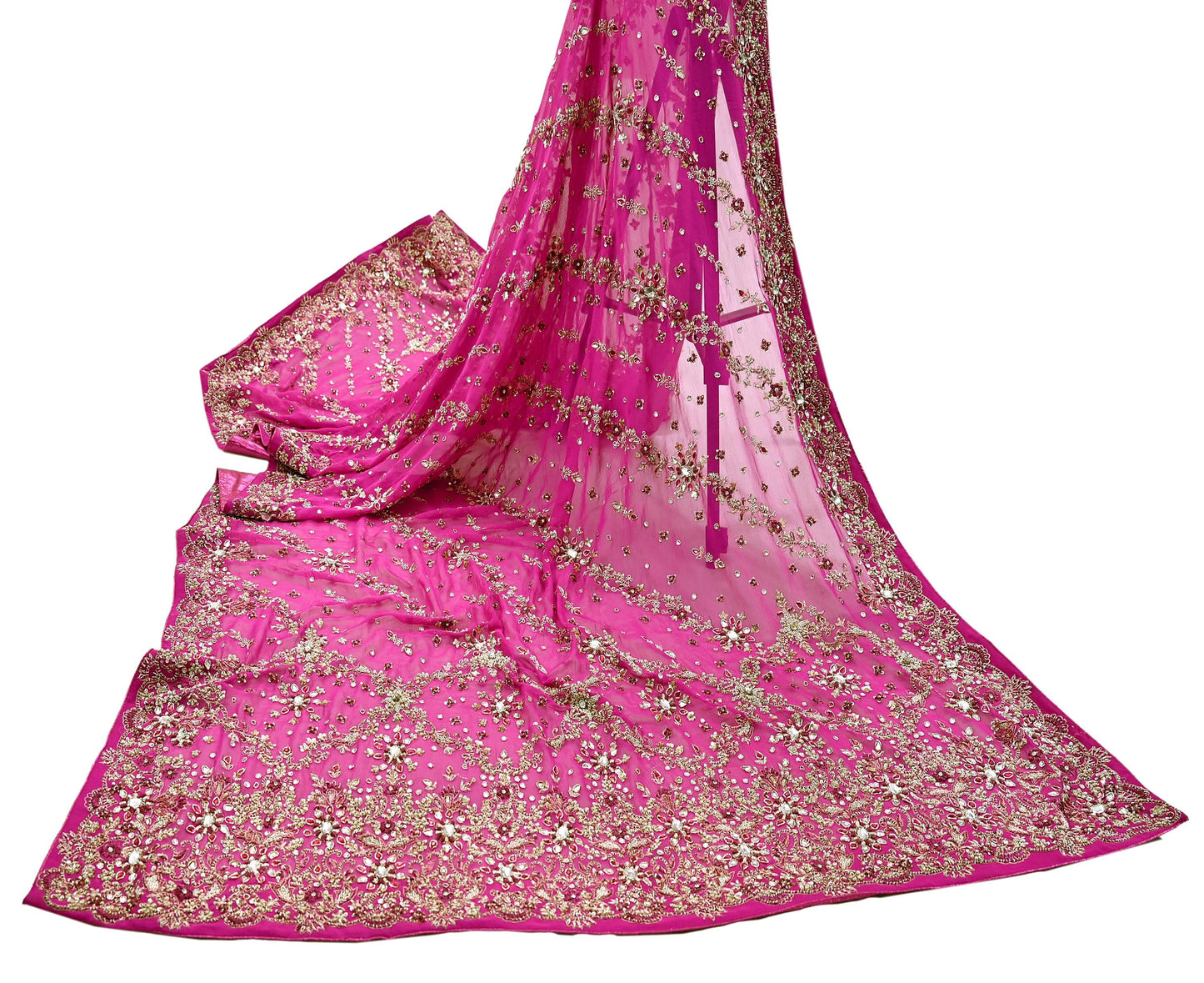 Indian Vintage Heavy Rani Pink Bridal Dupatta Pure Georgette Silk Hand Embroidered Zardozi, Dabka, Zari Work Party Wear Long Stole