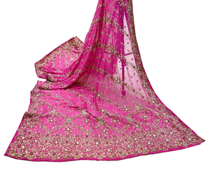 Indian Vintage Heavy Rani Pink Bridal Dupatta Pure Georgette Silk Hand Embroidered Zardozi, Dabka, Zari Work Party Wear Long Stole