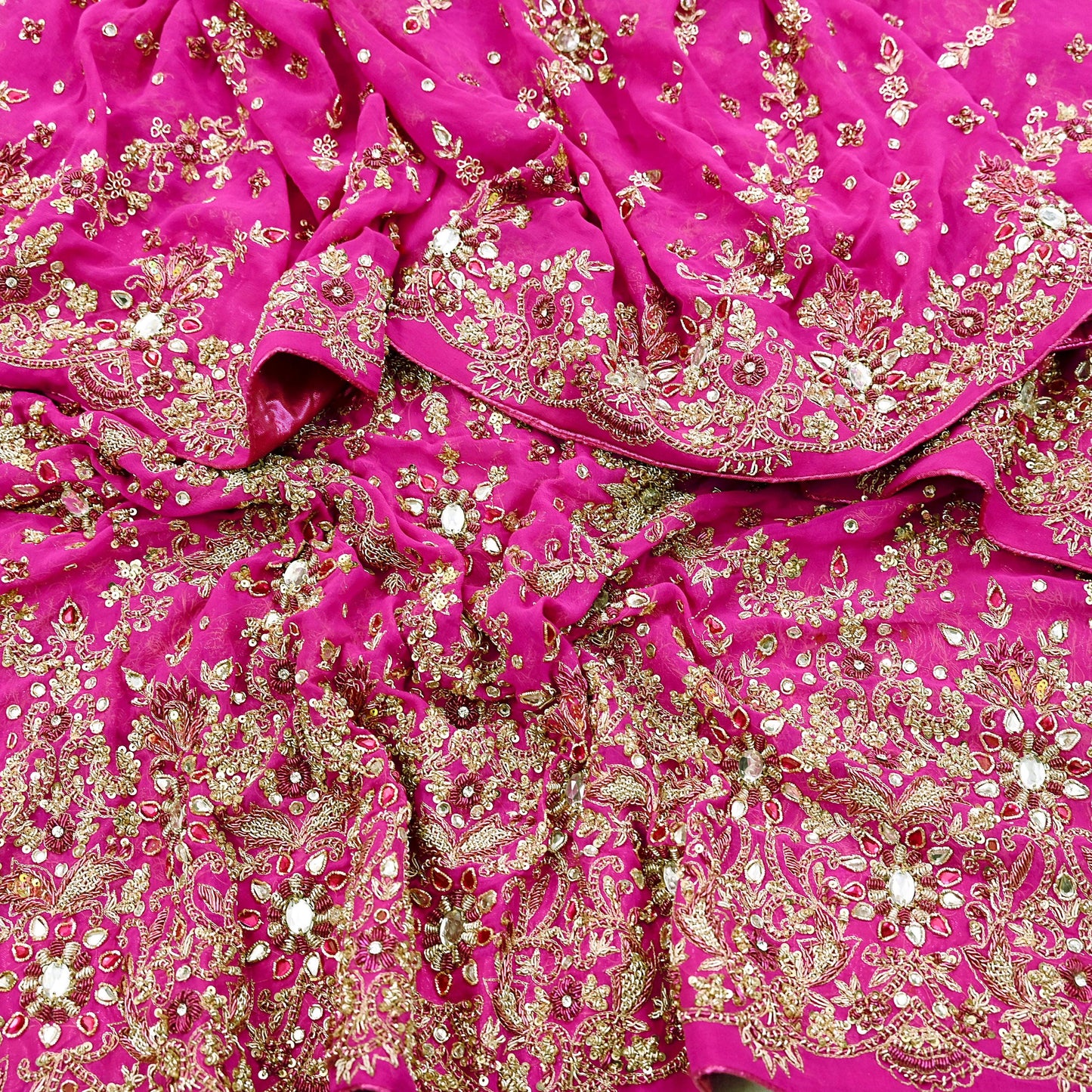 Indian Vintage Heavy Rani Pink Bridal Dupatta Pure Georgette Silk Hand Embroidered Zardozi, Dabka, Zari Work Party Wear Long Stole
