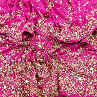Indian Vintage Heavy Rani Pink Bridal Dupatta Pure Georgette Silk Hand Embroidered Zardozi, Dabka, Zari Work Party Wear Long Stole